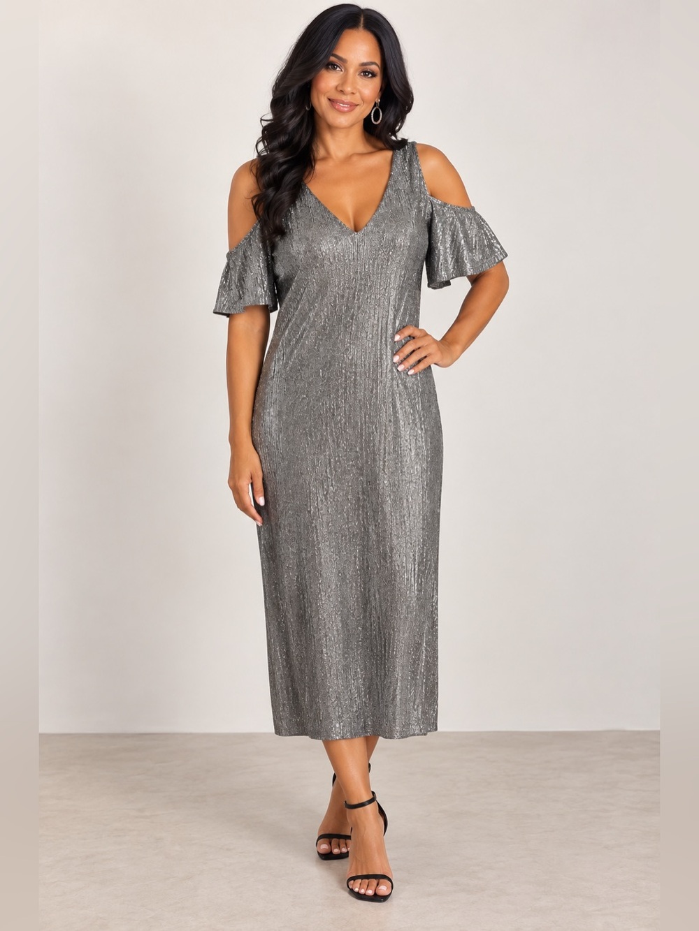 Everly Silver Cold-Shoulder V-Neck Midi Dress